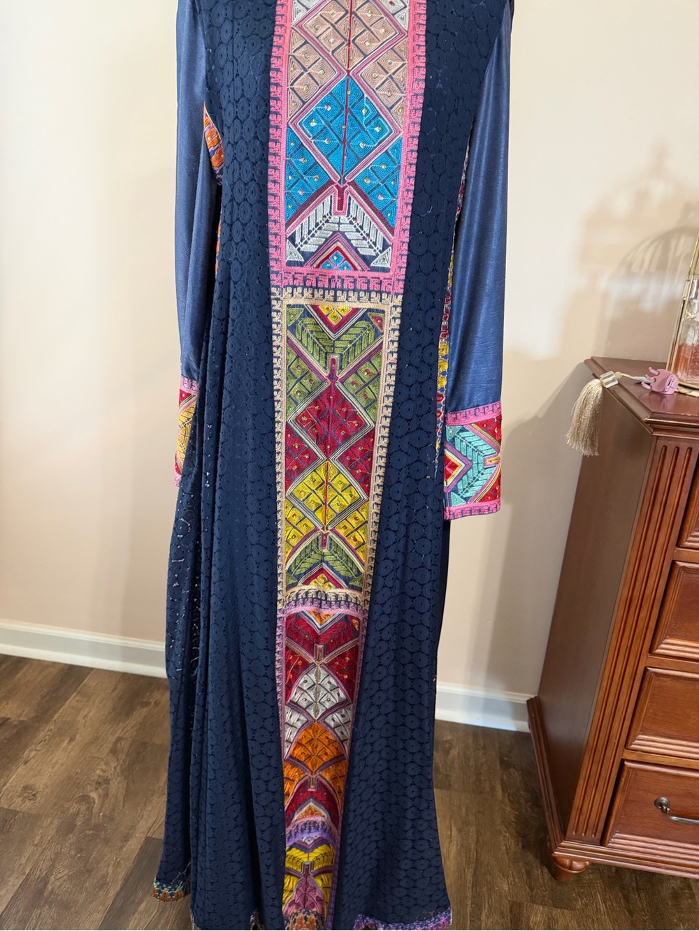 Navy Embroidered Panel Maxi Dress with Multicolor Accents